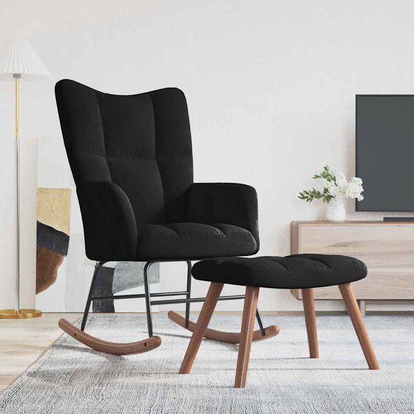 vidaXL Gugalni stol s stolčkom črn žamet