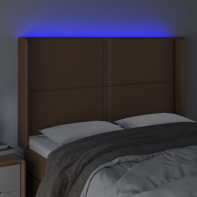 vidaXL LED posteljno vzglavje rjavo 147x16x118/128 cm umetno usnje