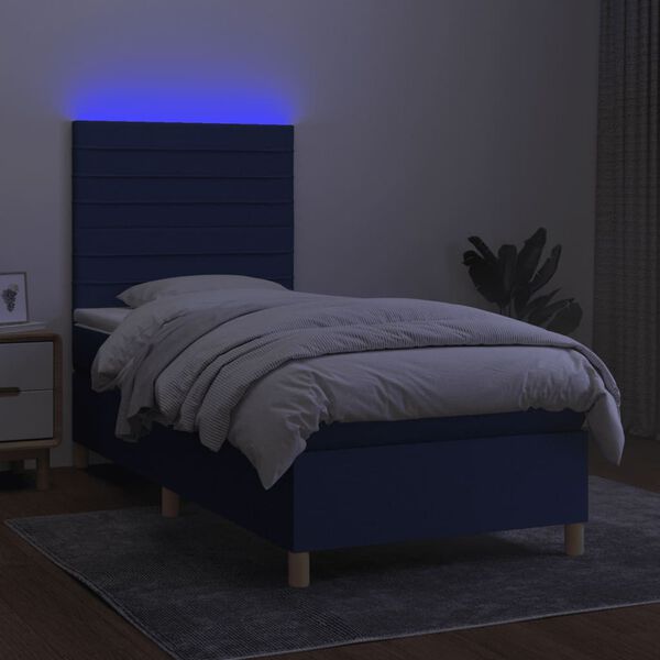 vidaXL Box spring postelja z vzmetnico LED modra 100x200 cm blago