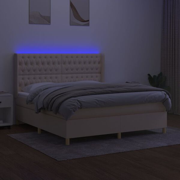vidaXL Box spring postelja z vzmetnico LED krem 160x200 cm blago
