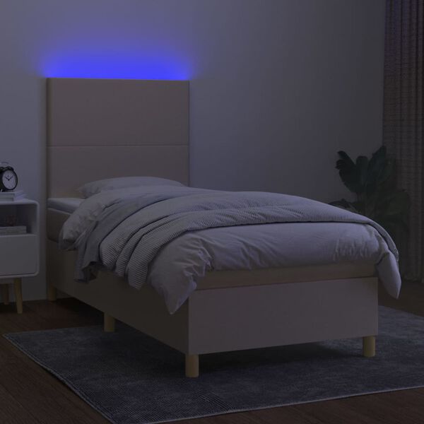 vidaXL Box spring postelja z vzmetnico LED krem 100x200 cm blago