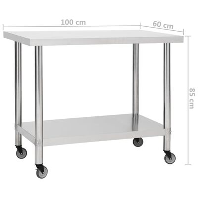 vidaXL Kuhinjska delovna miza s kolesi 100x60x85 cm nerjaveče jeklo