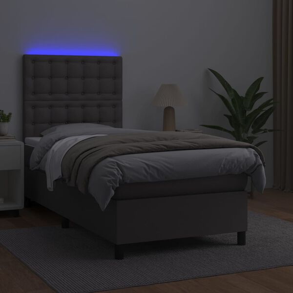 vidaXL Box spring postelja z vzmetnico LED siv 90x190 cm umetno usnje