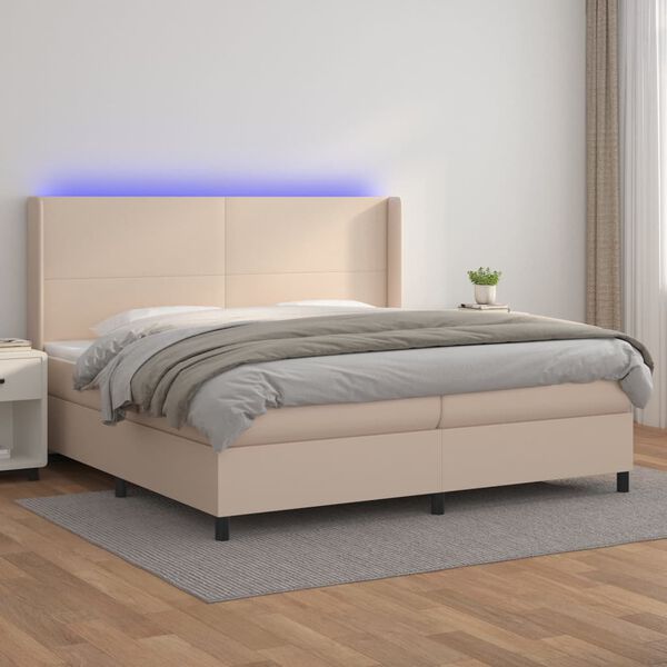 vidaXL Box spring postelja vzmetnico LED kapučino 200x200 cm um. usnje