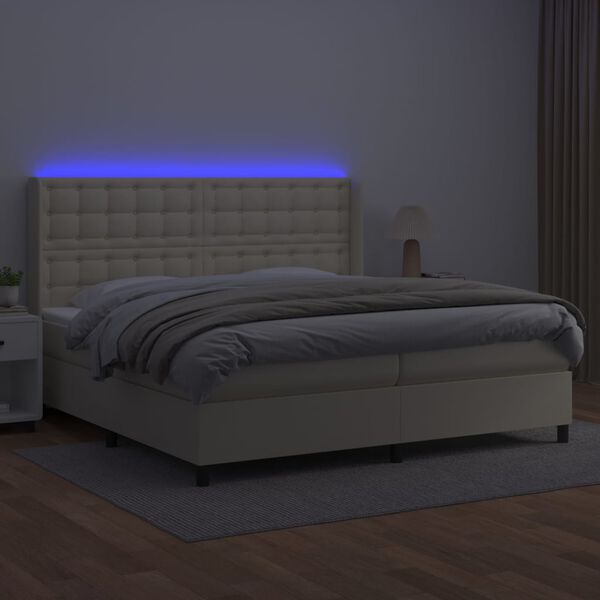 vidaXL Box spring postelja z vzmetnico LED krem 200x200cm umetno usnje