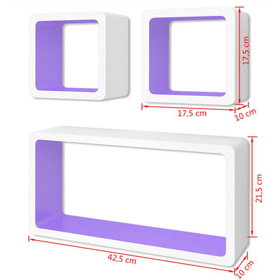 Lebdeče stenske police 3 kosi MDF kocke belo-vijolične