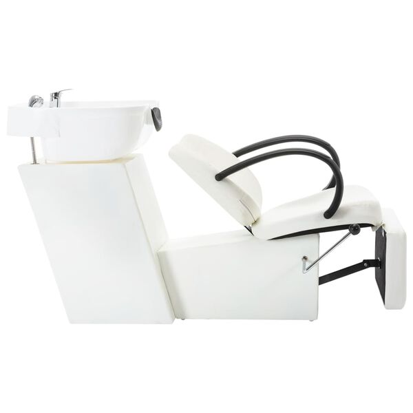 vidaXL Salonski stol z umivalnikom za glavo belo umetno usnje