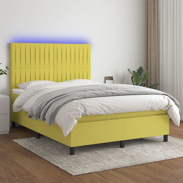 vidaXL Box spring postelja z vzmetnico LED zelena 140x190 cm blago