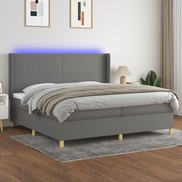 vidaXL Box spring postelja z vzmetnico LED temno siva 200x200 cm blago