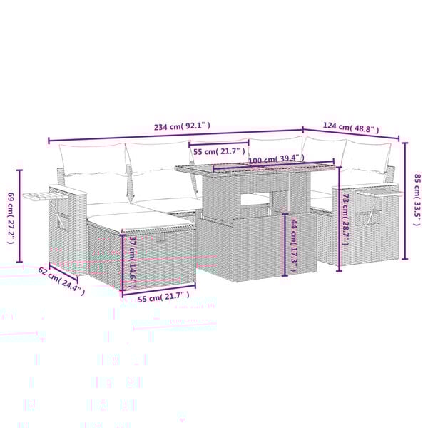 vidaXL Vrtna sedežna garnitura 7-delna z blazinami črn poli ratan