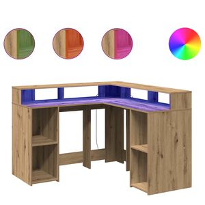 vidaXL Pisalna miza z LED lučkami artisan hrast 130x130x91 cm inž. les