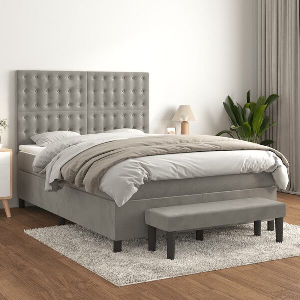 vidaXL Box spring postelja z vzmetnico svetlo siv 140x190 cm žamet