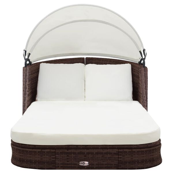 vidaXL Ležalnik s streho poli ratan rjav