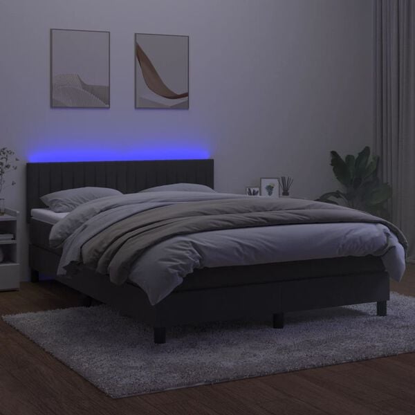 vidaXL Box spring postelja z vzmetnico LED temno siva 140x200 cm žamet