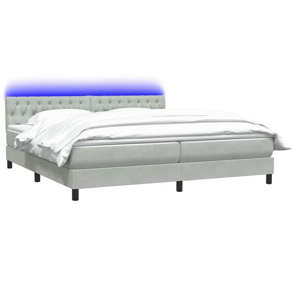 vidaXL Box spring postelja z vzmetnico LED svetlo siva 180x210 cm žamet