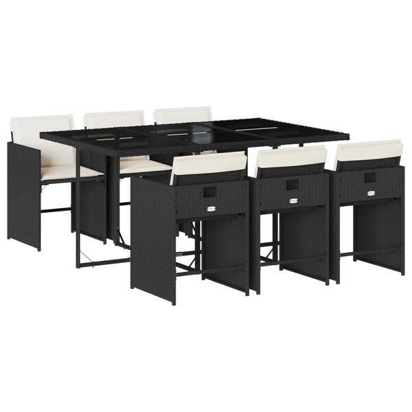 vidaXL Vrtna jedilna garnitura 7-delna z blazinami črna poli ratan