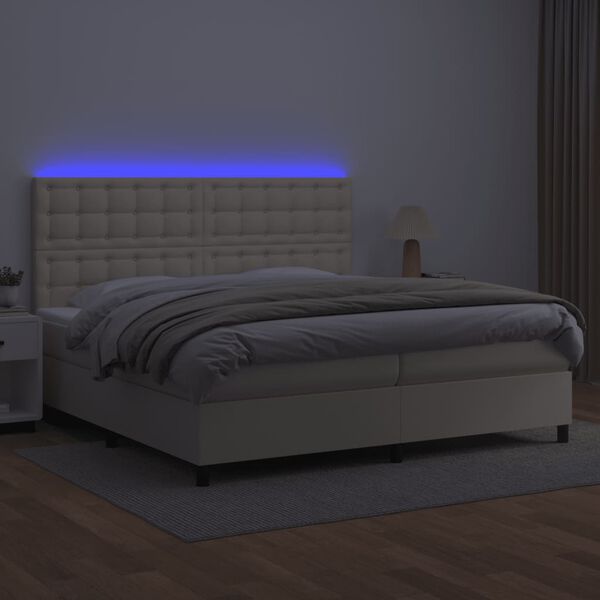 vidaXL Box spring postelja z vzmetnico LED krem 200x200cm umetno usnje