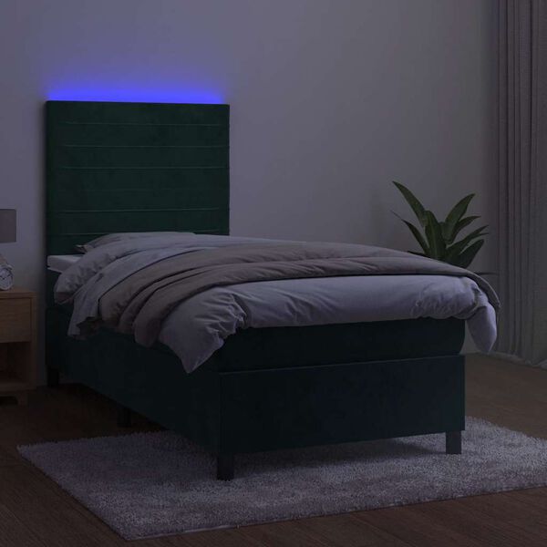 vidaXL Box spring postelja z vzmetnico LED tem. zelena 100x200cm žamet