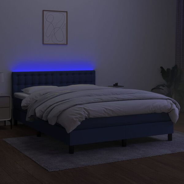 vidaXL Box spring postelja z vzmetnico LED modra 140x190 cm blago