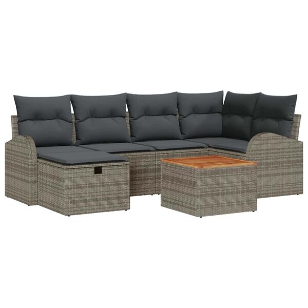 vidaXL Vrtna sedežna garnitura z blazino 7 pcs Siva poli ratan