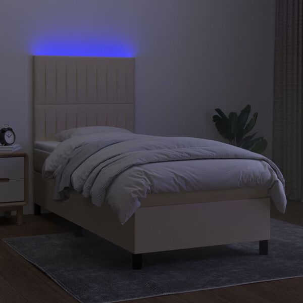 vidaXL Box spring postelja z vzmetnico LED krem 90x190 cm blago
