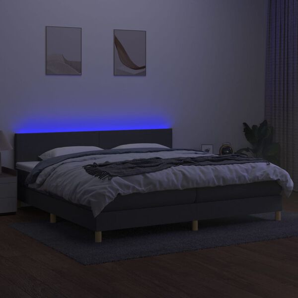 vidaXL Box spring postelja z vzmetnico LED temno siva 200x200 cm blago