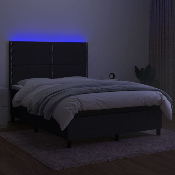 vidaXL Box spring postelja z vzmetnico LED črna 140x200 cm blago