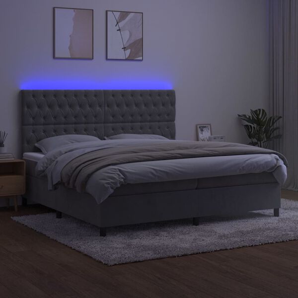 vidaXL Box spring postelja z vzmetnico LED svetlo siva 200x200cm žamet
