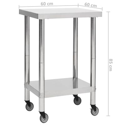 vidaXL Kuhinjska delovna miza s kolesi 60x60x85 cm nerjaveče jeklo