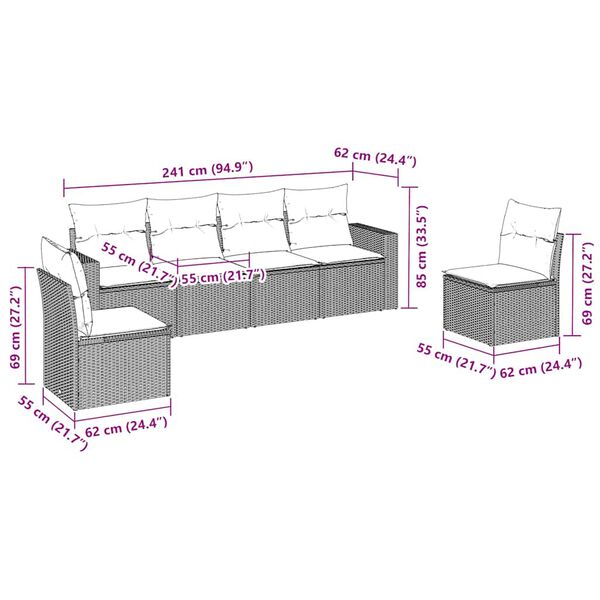 vidaXL Vrtna sedežna garnitura 6-delna z blazinami rjav poli ratan