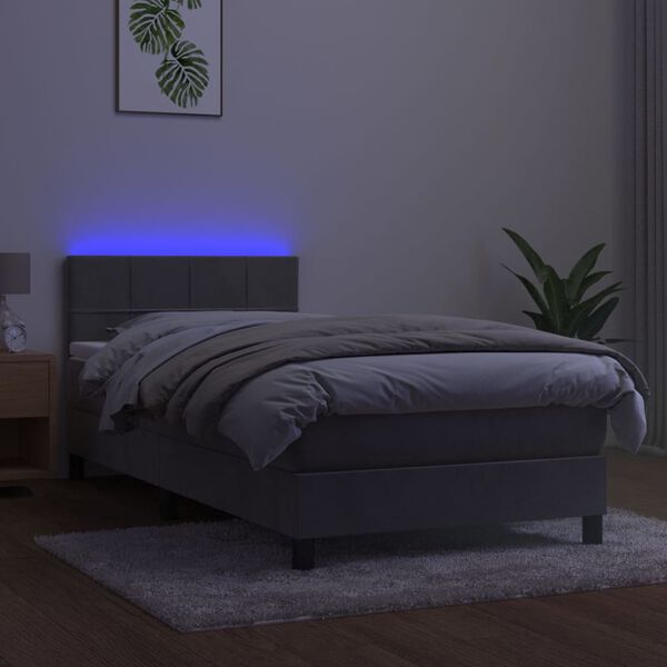 vidaXL Box spring postelja z vzmetnico LED svetlo siva 90x200 cm žamet