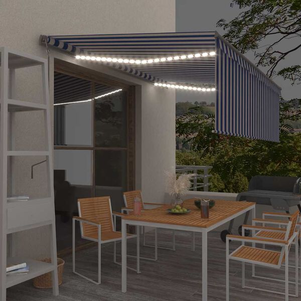vidaXL Avtomatska tenda s senčilom LED + senzor 4x3 m modra in bela