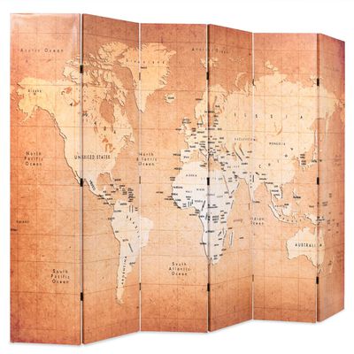 vidaXL Zložljiv paravan 228x170 cm zemljevid sveta rumen