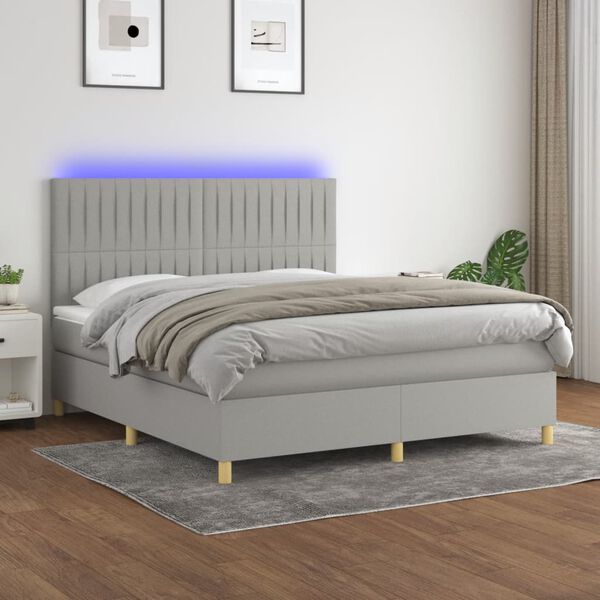 vidaXL Box spring postelja z vzmetnico LED sv. siva 180x200 cm blago