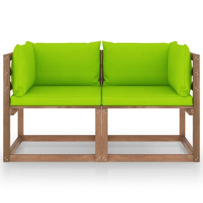 vidaXL Vrtni kavč dvosed iz palet s svetlo zelenimi blazinami borovina