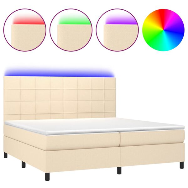 vidaXL Box spring postelja z vzmetnico LED krem 200x200 cm blago
