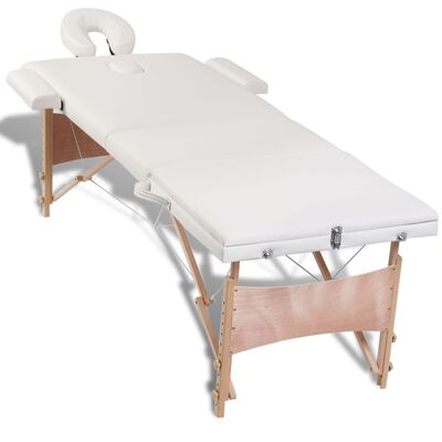 Krem bela zložljiva masažna miza s 3 območji in lesenim okvirjem