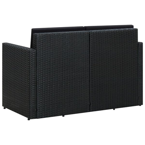 vidaXL Vrtni kavč dvosed z blazinami črn poli ratan