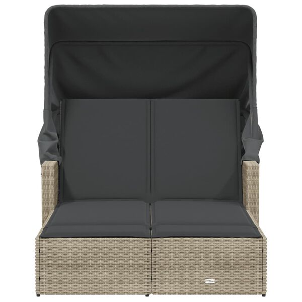 vidaXL Dvojni ležalnik s streho in blazinami svetlo siv poli ratan