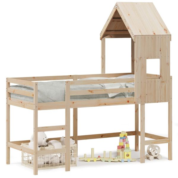 vidaXL Posteljni okvir z lestvijo in streho 90x200 cm borovina