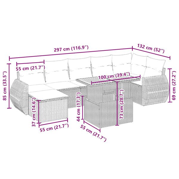 vidaXL Vrtna sedežna garnitura 8-delna z blazinami bež poli ratan