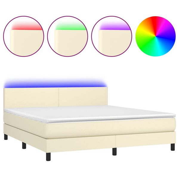 vidaXL Box spring postelja z vzmetnico LED krem 180x200cm umetno usnje