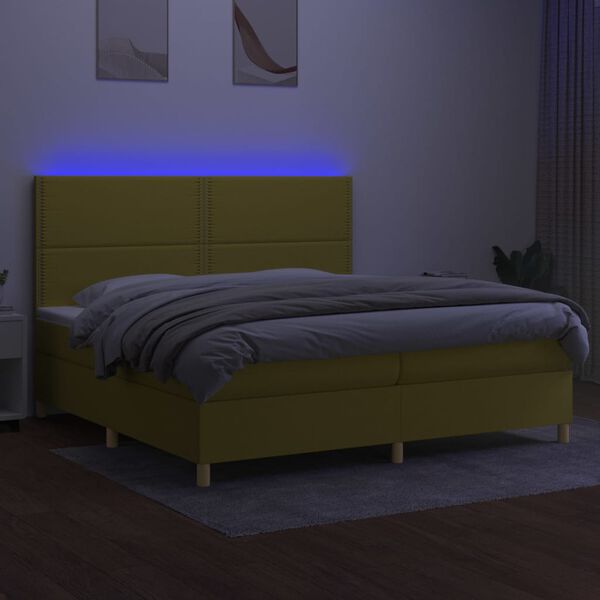 vidaXL Box spring postelja z vzmetnico LED zelena 200x200 cm blago