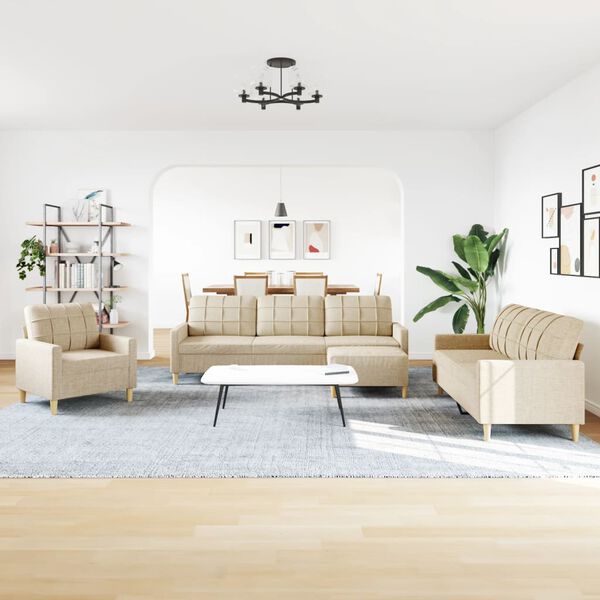 vidaXL Sedežna garnitura 4-delna s stolčkom krem blago