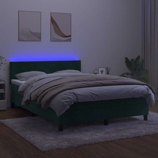 vidaXL Box spring postelja z vzmetnico LED tem. zelena 140x200cm žamet