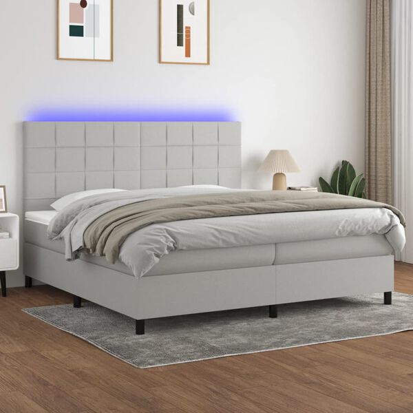 vidaXL Box spring postelja z vzmetnico LED sv. siva 200x200 cm blago