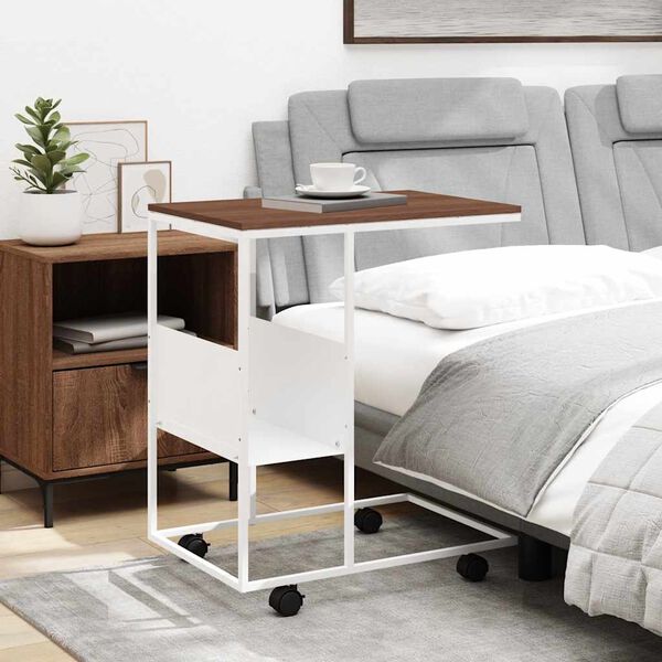 vidaXL Stranska mizica s kolesi bela 55x36x63,5 cm inženirski les