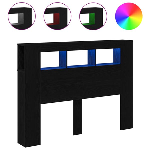 vidaXL LED glava postelje s polico Črni hrast 140 x 18,5 x 103,5 cm