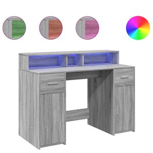 vidaXL Pisalna miza z LED lučkami siva sonoma 120x55x91 cm inž. les