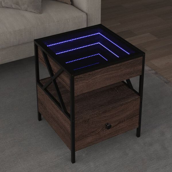 vidaXL Klubska mizica z neskončnimi LED rjavi hrast 40x40x51 cm